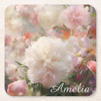 Name White & Pink Peonies Watercolor Painting Square Paper Coaster