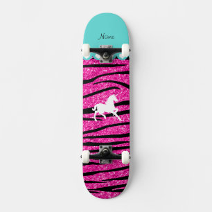 Name white unicorn hot pink glitter zebra stripes skateboard
