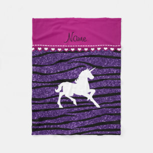 Name white unicorn purple glitter zebra stripes fleece blanket