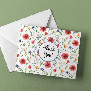 Name, Wildflowers Red Poppies Yellow Buttercups Thank You Card