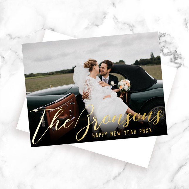 Name with Message Happy New Year Photo Gold Foil Holiday Postcard (Creator Uploaded)