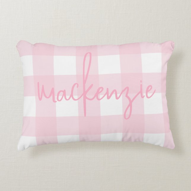 Name with Pink and White Buffalo Check Decorative Cushion (Front)