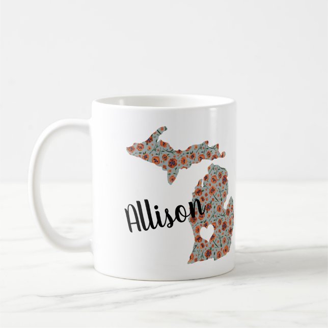 Name With State Of Michigan Poppies & Floral Print Coffee Mug (Left)