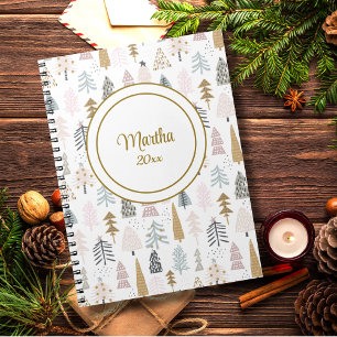 Name Year Cute Whimsical Winter Tree Pattern Notebook