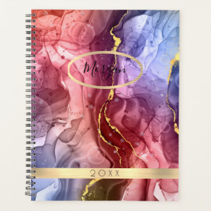 Name & Year, Red, Blue & Gold Ink Abstract Planner