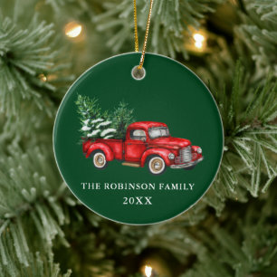 Name Year Watercolor Vintage Red Truck Trees Green Ceramic Tree Decoration