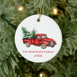 Name Year Year Watercolor Vintage Red Truck Trees Ceramic Tree Decoration
