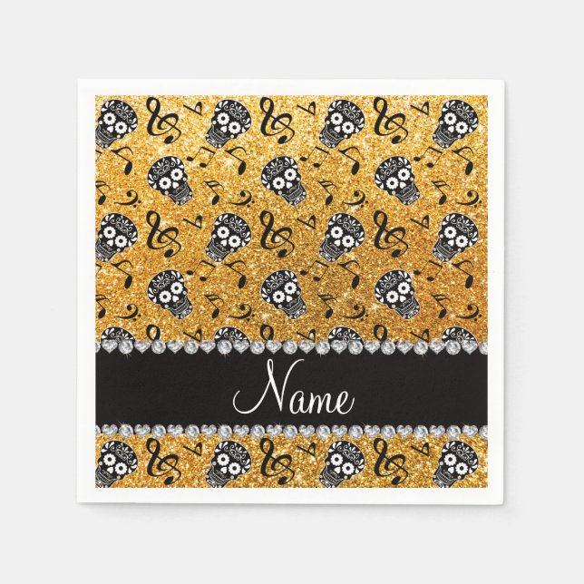 Name yellow glitter music notes sugar skulls napkin (Front)