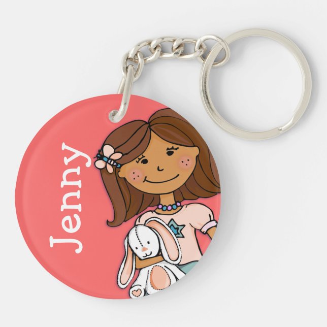 Named 5 letter girls pink dark hair girl keychain (Back)
