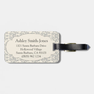 Named damask grey & cream luggage tag