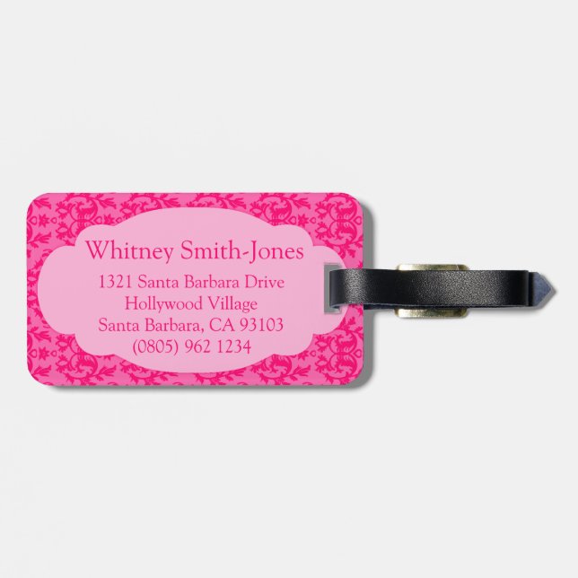 Named damask hot pink luggage tag (Back Horizontal)