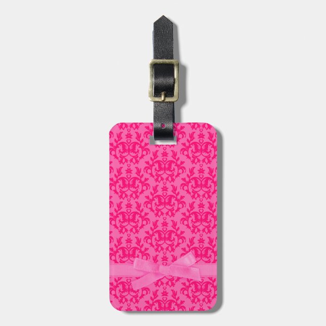 Named damask hot pink luggage tag (Front Vertical)