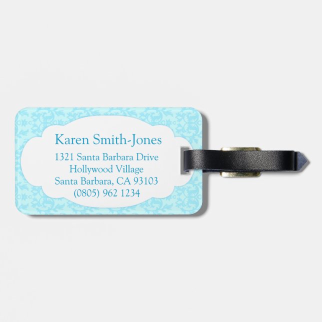 Named damask light blue & white luggage tag (Back Horizontal)