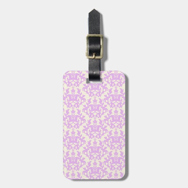 Named damask lilac & cream luggage tag (Front Vertical)