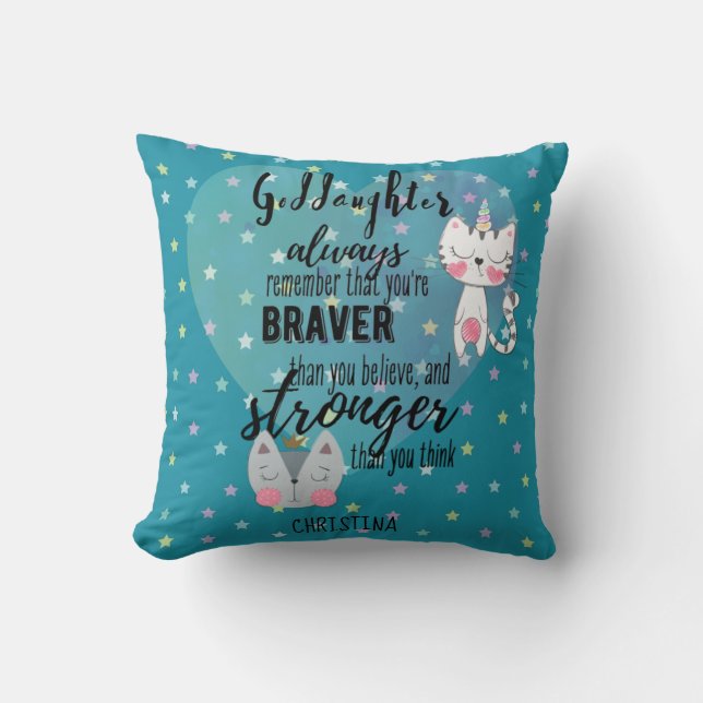 Named GODDAUGHTER Motivational Quote Cute Cat Teal Cushion (Front)