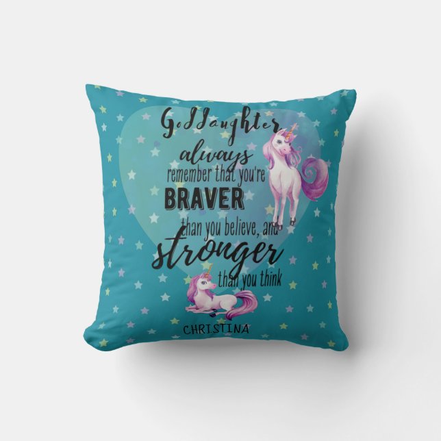 Named GODDAUGHTER Motivational Quote Unicorn Teal Cushion (Front)