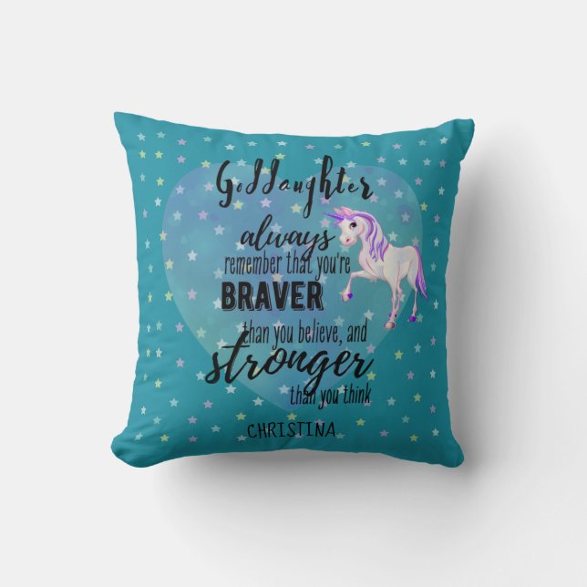 Named GODDAUGHTER Motivational Quote Unicorn Teal  Cushion (Front)
