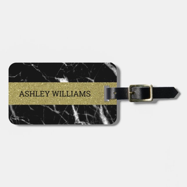 Named gold and black marble luggage tag (Front Horizontal)