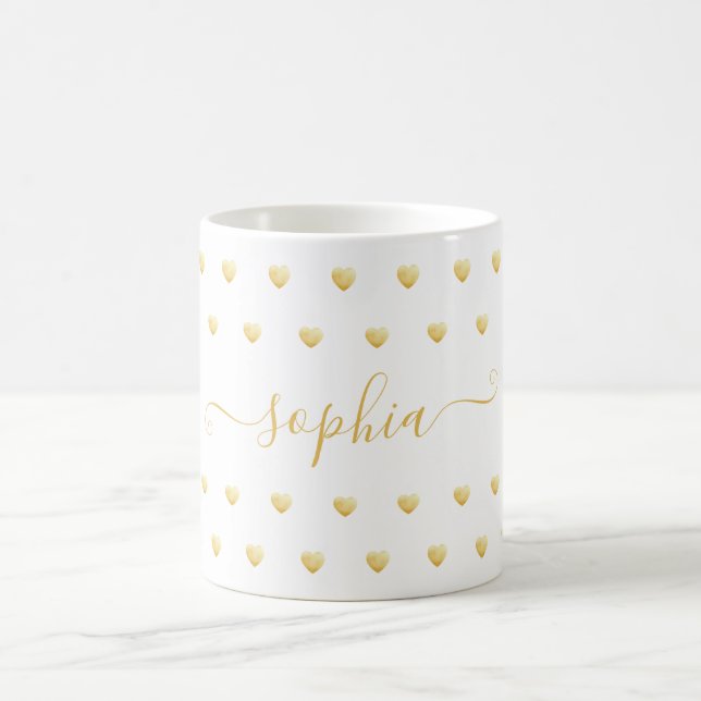 Named Gold Heart Pattern on White Coffee Mug (Center)