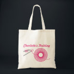 Named knitting pink bag<br><div class="desc">Knitting craft bag in pink and grey. Perfect for keen knitters, crochet workers and needle crafters to store wool and on going projects. Personalise with your own name. Currently reads Charlotte's Knitting. Uniquely designed by Sarah Trett.</div>