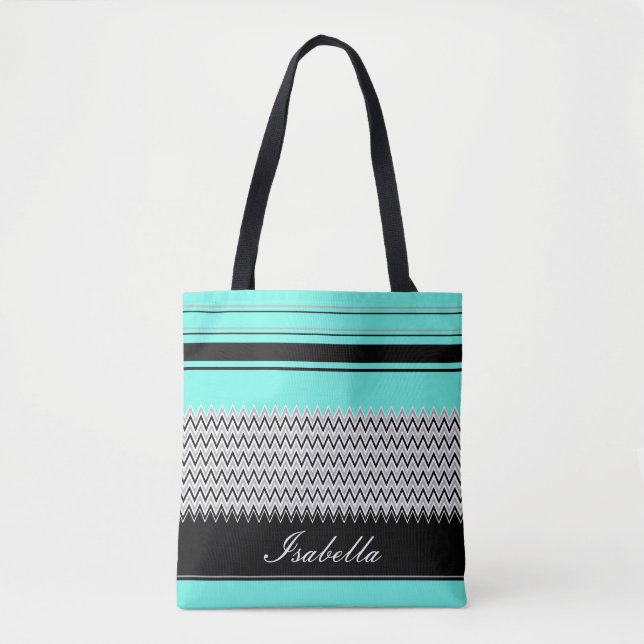 Named Mint Stripes and Chevron Tote Bag (Front)