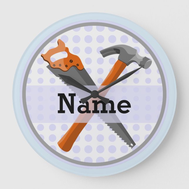 Named Personalised Tools design for boys. Large Clock (Front)