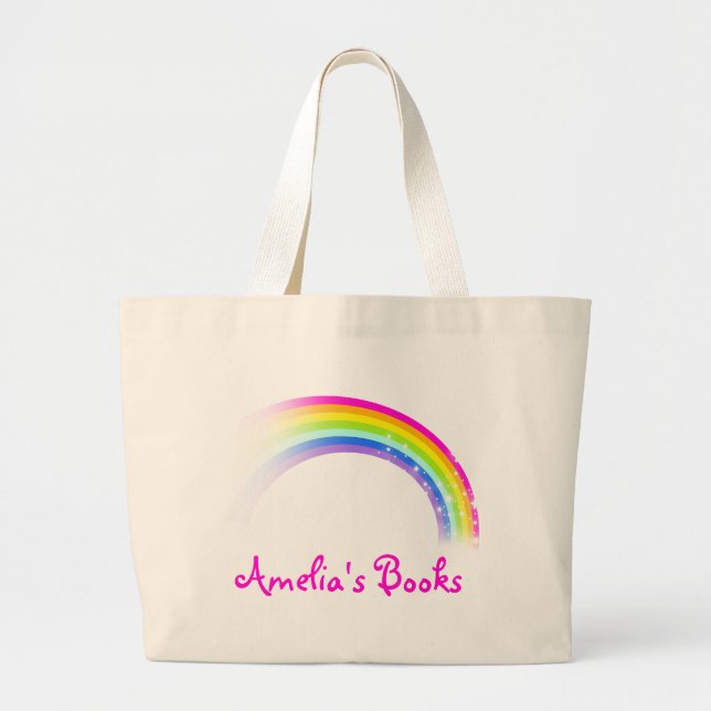 Named rainbow pink library tote bag (Front)