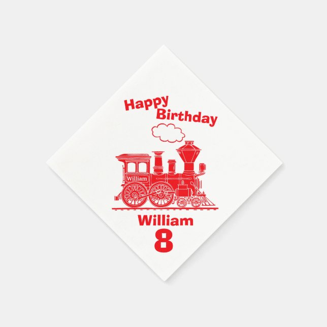 Named red train boys 8th birthday napkins (Corner)