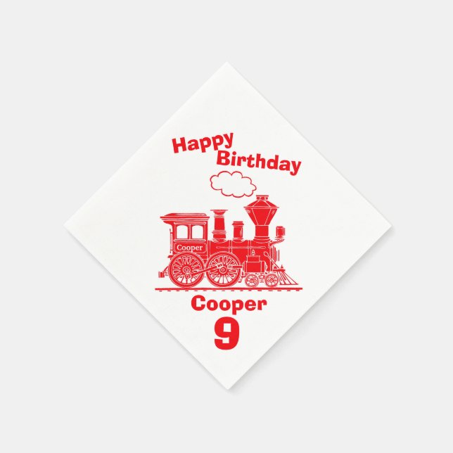Named red train boys 9th birthday napkins (Corner)