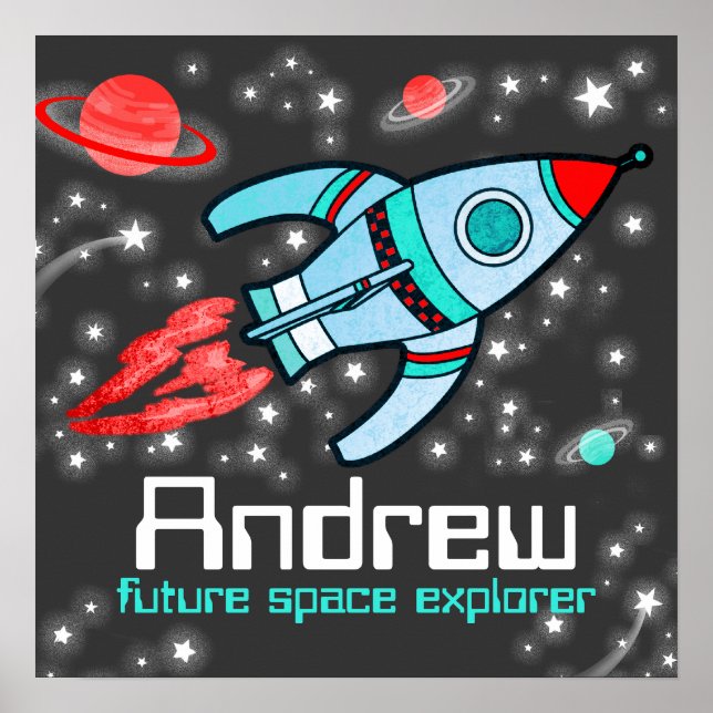 Named rocket space boys grey red poster (Front)