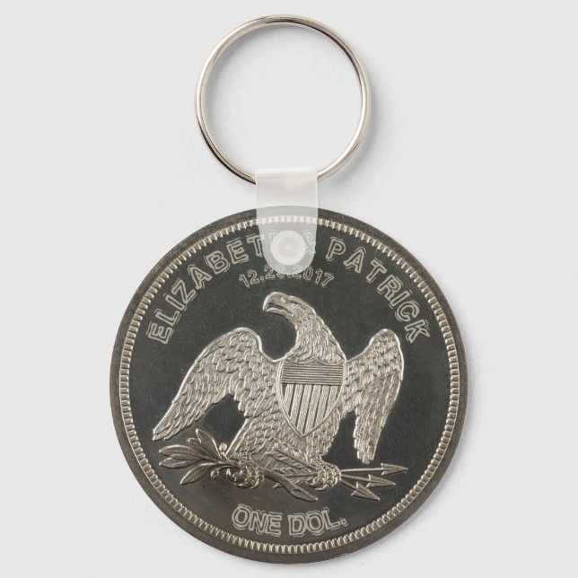 Named Silver 1865 Dollar Wedding Or Anniversary Key Ring (Front)