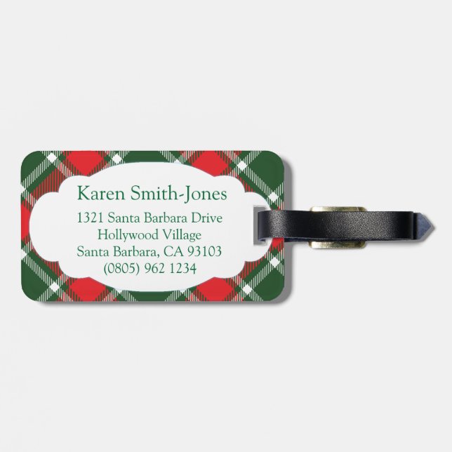 Named tartan green, red & white luggage tag (Back Horizontal)