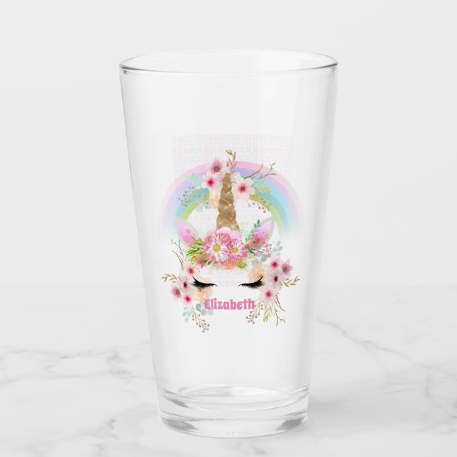 Named UNICORN Pink Gold Flowers Girls Teens Gifts Glass (Front)