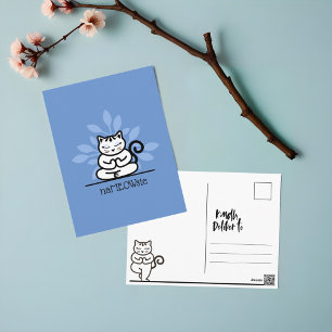 NaMEOWste Cute Cat In a Yoga Meditating Pose Blue Postcard