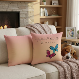 Names and Date Personalised Wedding Gift Rose Gold Cushion