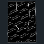 Names, Anniversary Year, White Script, Black Medium Gift Bag<br><div class="desc">Personalise Names,  Anniversary Year and Message in White Script text on black background.</div>