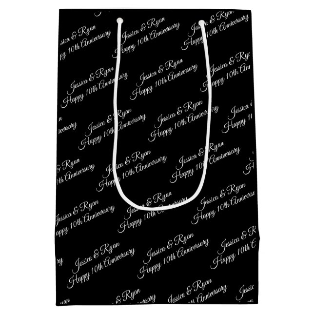 Names, Anniversary Year, White Script, Black Medium Gift Bag (Back)