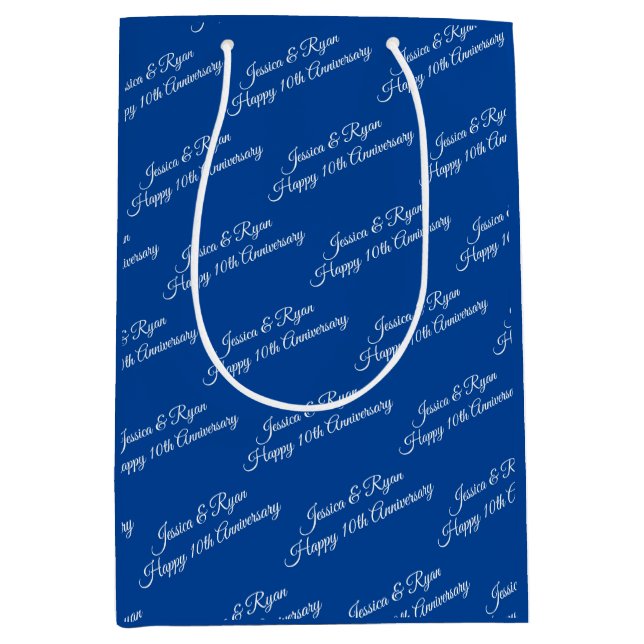 Names, Anniversary Year, White Script, Deep Blue Medium Gift Bag (Front)