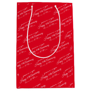 Names, Anniversary Year, White Script, Red Medium Gift Bag