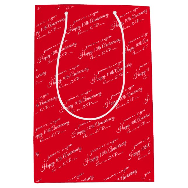 Names, Anniversary Year, White Script, Red Medium Gift Bag (Front)