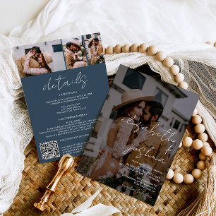 Names calligraphy blue 4 photo all in one wedding invitation