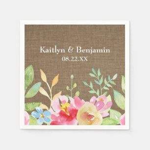Names & Date Colourful Watercolor Flowers, Burlap Napkin