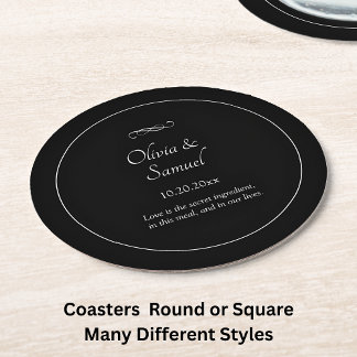 Names Date Message Black White Infinity Scroll, Round Paper Coaster