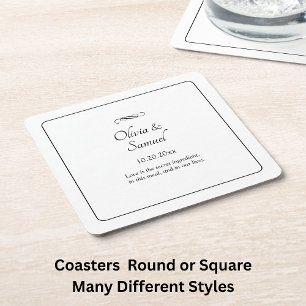 Names Date Message Black White Infinity Scroll, Square Paper Coaster