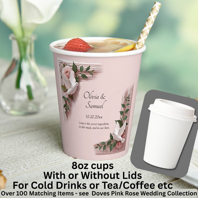 Names Date Message Dove Pink Roses 8oz Paper Cups (Creator Uploaded)