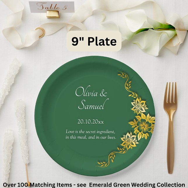 Names Date Message Emerald Green & Gold 9" Paper Plate (Creator Uploaded)