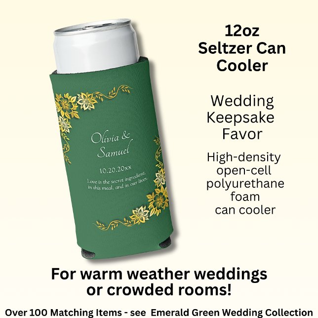 Names Date Message Emerald Green & Gold  Seltzer Can Cooler (Creator Uploaded)