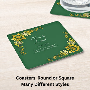 Names Date Message Emerald Green & Gold Square Paper Coaster