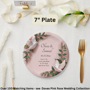 Names Date Message Pink Roses & Doves Wedding 7" Paper Plate