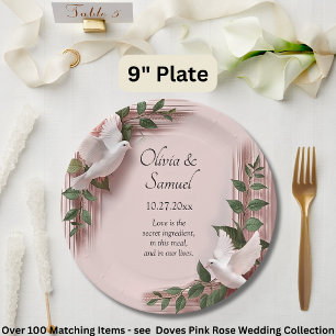 Names Date Message Pink Roses & Doves Wedding 9" Paper Plate
